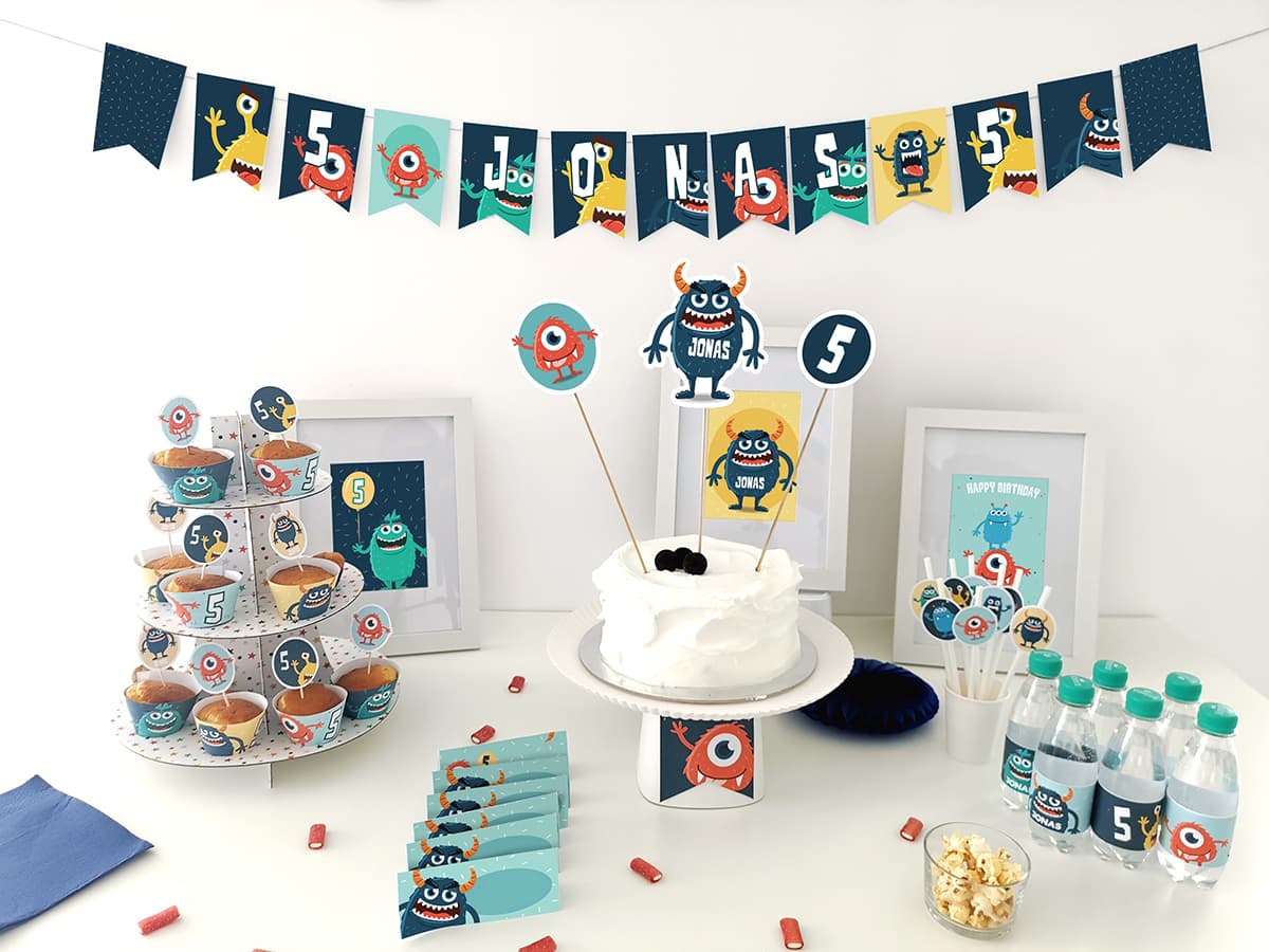 Monstre: Kit anniversaire personnalisé à imprimer avec jeux et décorations