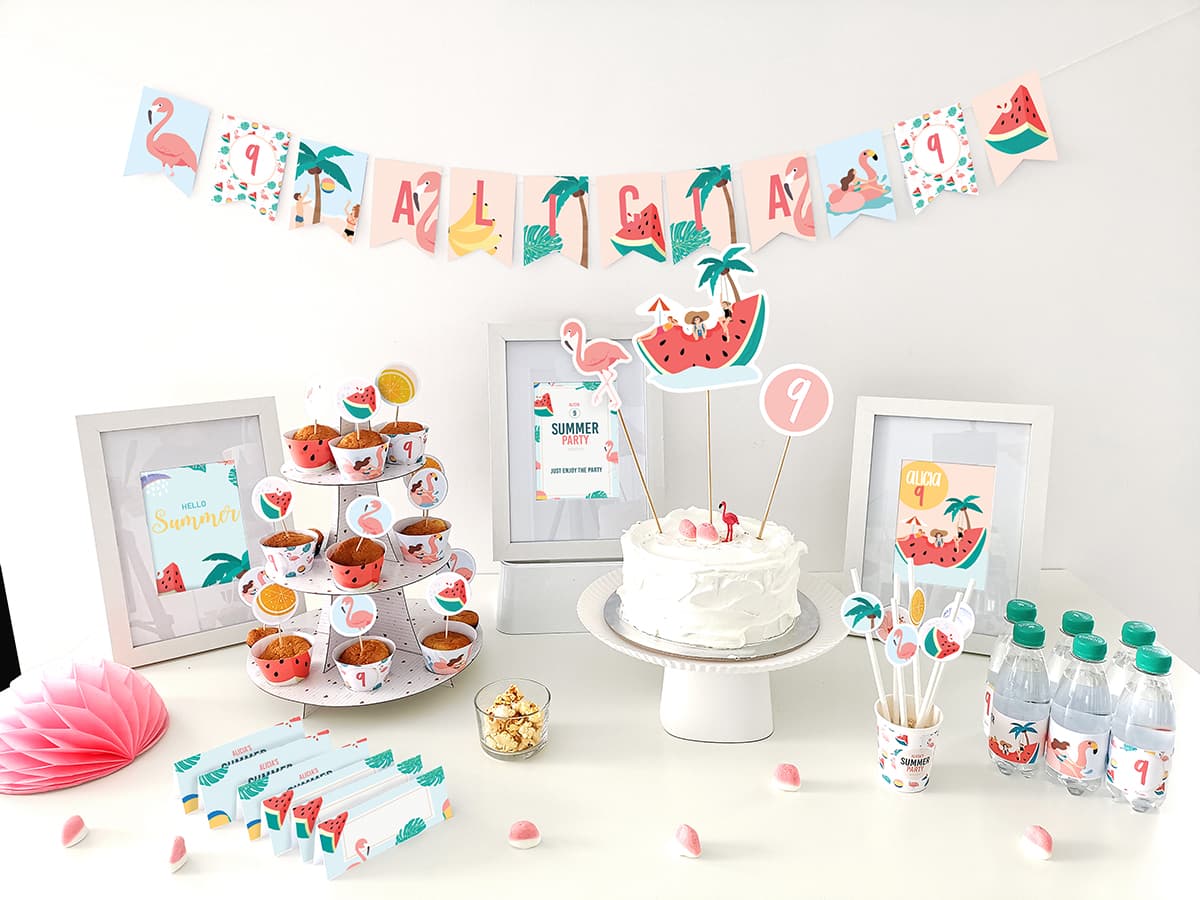Flamant rose: Kit anniversaire personnalisé à imprimer avec jeux et décorations